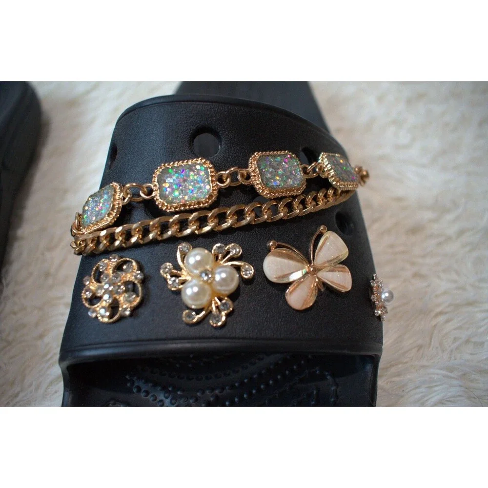 Crocs Slides Customized with Gold Luxe Charms (206761‑001 ) - Women's Size 10